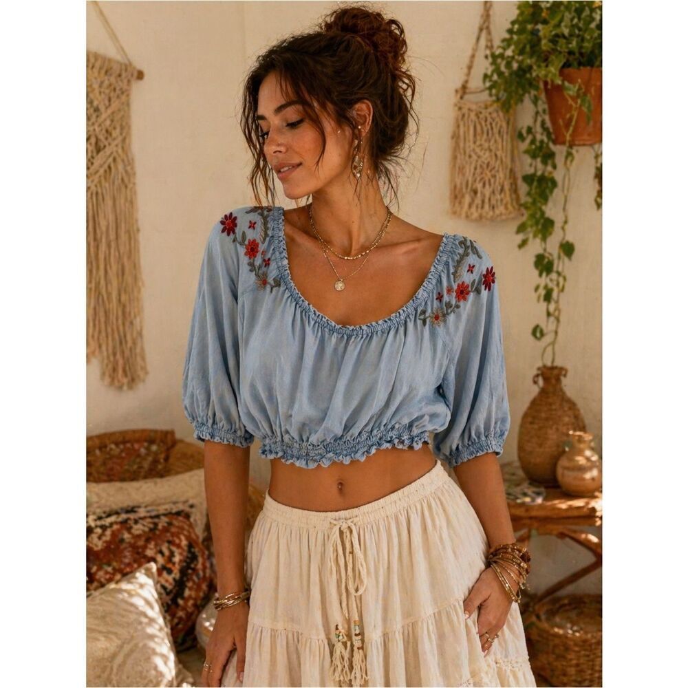 Boho Chic Chambray Blue Embroidered Crop Top with Puff Sleeves